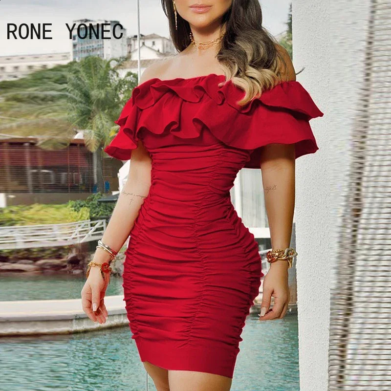 Women Elegant Off Shoulder Cascasing Ruffle Hem Folds Mini Bodycon Party Dresses 240929