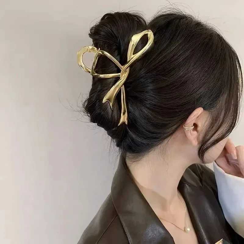Korean geometric metal gold silver black gain bow knot hair clip womens thick and thin head accessories bead crab clip W240928