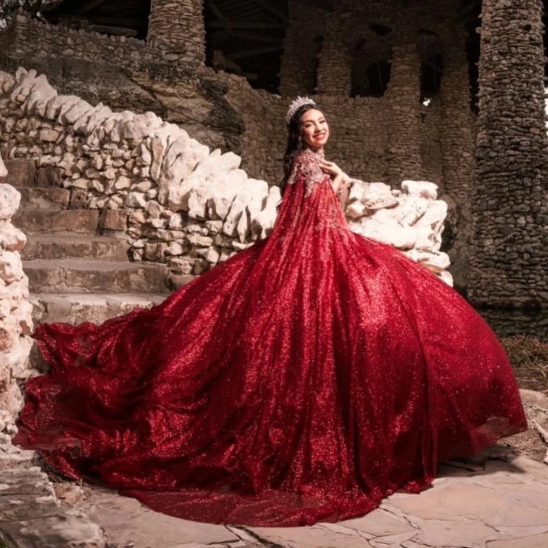 Red Shiny Ball Gown Quinceanera Dresses Applique Lace Beading Tull With Cape Vestidos De 15 Anos XV Brithday Party Sweet 16 Dress