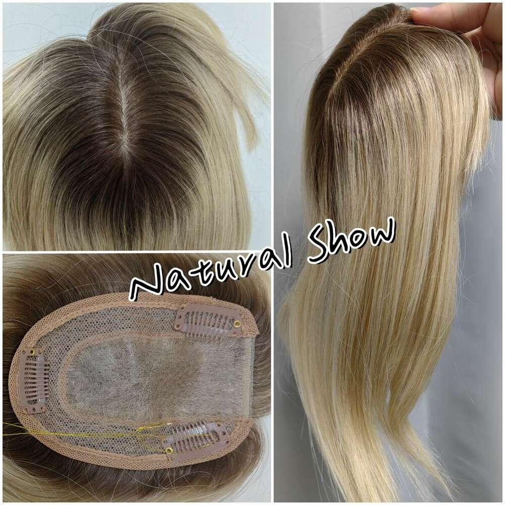 10/12/14 inches for Women Brown Blonde Ombre Human Toppers Silk Base Clips in Hair Extension Topper With Bangs