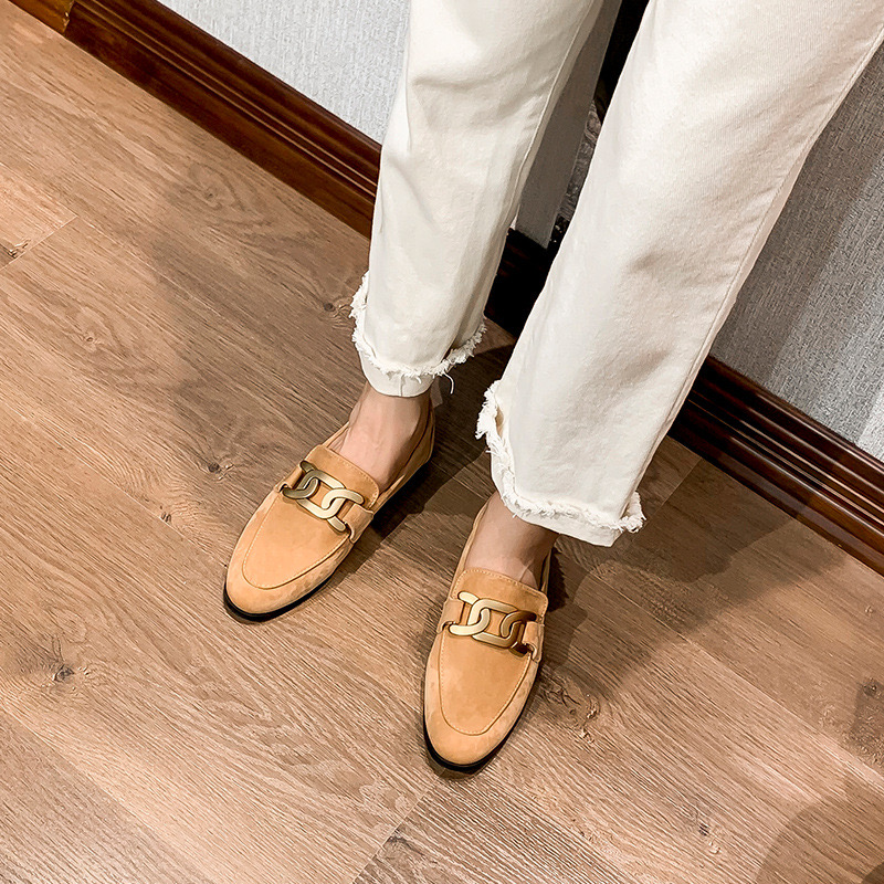 High End Oxford Shoes Ladies Preppy Leather Sneakers Woman Metal Chain Loafers Plush Cotton Fur Flats