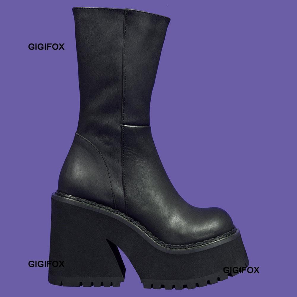 GIGIFOX Womens Heeled Ankle Platform Zipper Punk Motorcycle Booties Chunky Block High Heel Round Toe Fashion Combat Boots