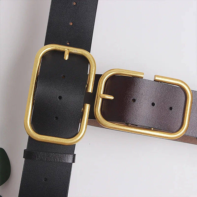 womens leather wide belt gold metal square buckle pin buckle jeans womens retro belt womens waistband 240925