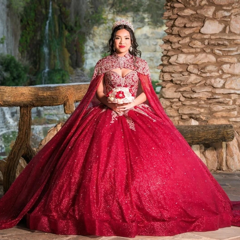 Red Shiny Ball Gown Quinceanera Dresses Applique Lace Beading Tull With Cape Vestidos De 15 Anos XV Brithday Party Sweet 16 Dress