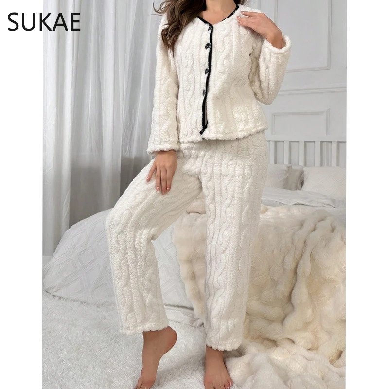 2024 Warm Winter Women Pamas Set Jacquard Fluffy Lady Sleepwear Elegant Plain White V-neck Lapel Thermal Pijamas Casual Nightwear