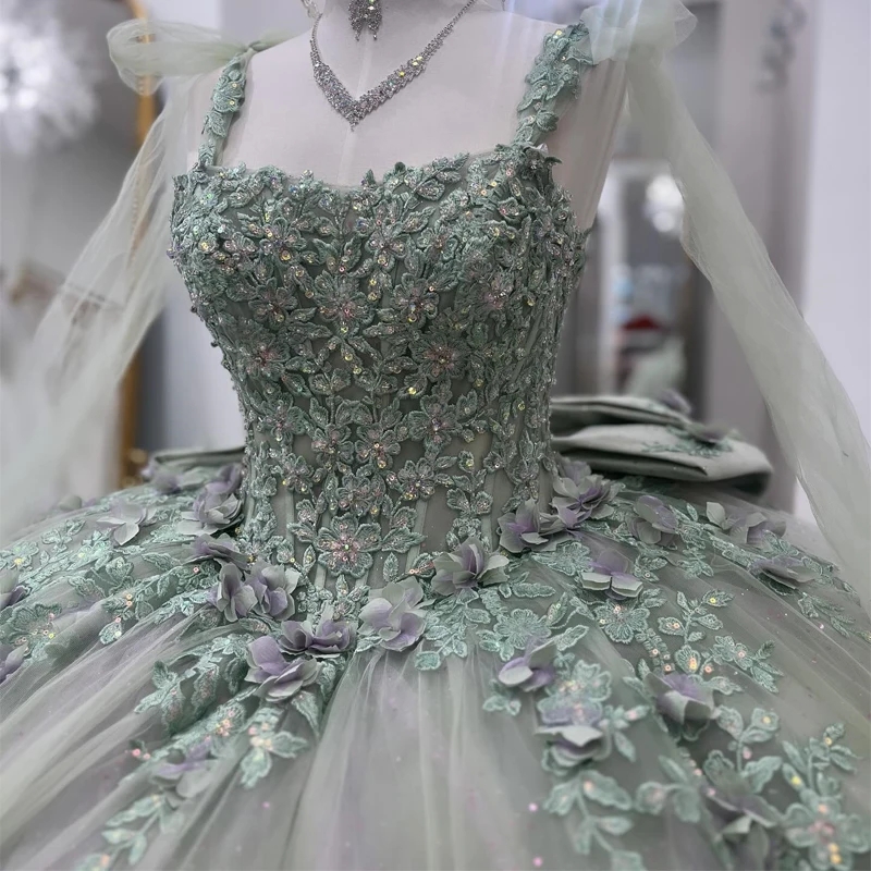 Sparkly Light Green Quinceanera Dresses Puffy Beaded Appliques Sweet 16 Dress Ball Gown Tulle 3D Floral Vestidos XV 15 Anos Party Gown
