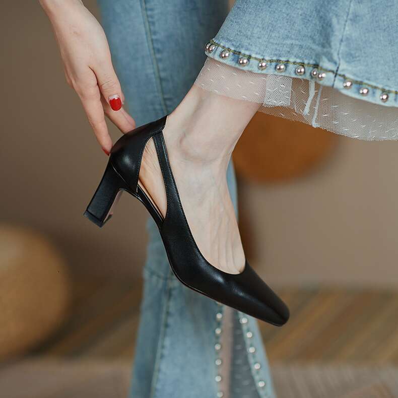 Hollow Square Head Retro Slip on Heels Pumps High Trend Thick Solid Designer Female Shoes Women Mujer Taces