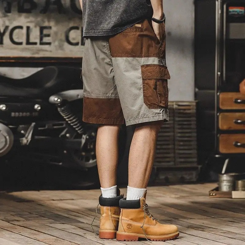 Mens cargo shorts retro brushed mens shorts loose stitching plus size width oversized pockets stretch six fold Whate Y2k 240929