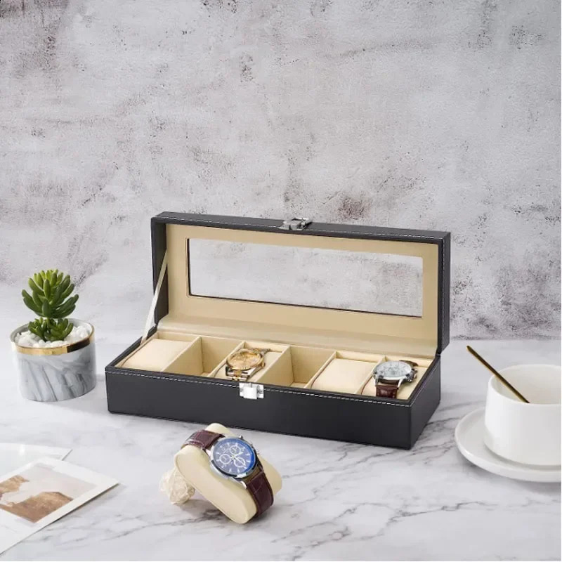 selling PU leather display storage organizer watch box with glass top groove mens stand gift 240929 - view 4