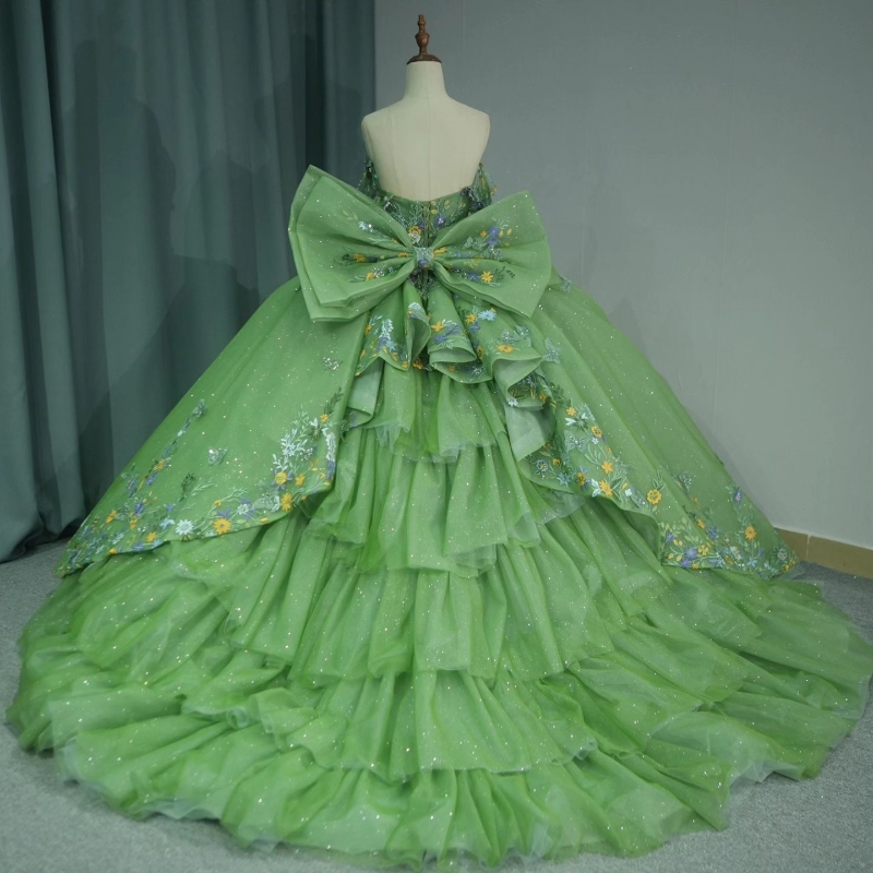 Mint Green Sparkly Quinceanera Dresses Ball Gown Off The Shoulder Lace Applique Bow Beading Tull Corset Sweet 16 Dress Vestidos De 15 Anos