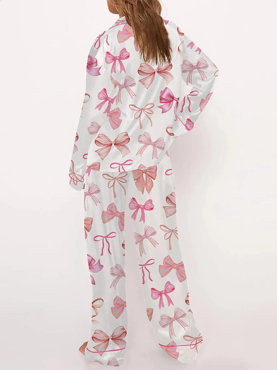2024 Fall Cute Silky Pink Bow Pajamas Set Women Fashion 2 Piece Satin Preppy Pjs Pants Button Pajama Shirts Casual Homesuit 240929