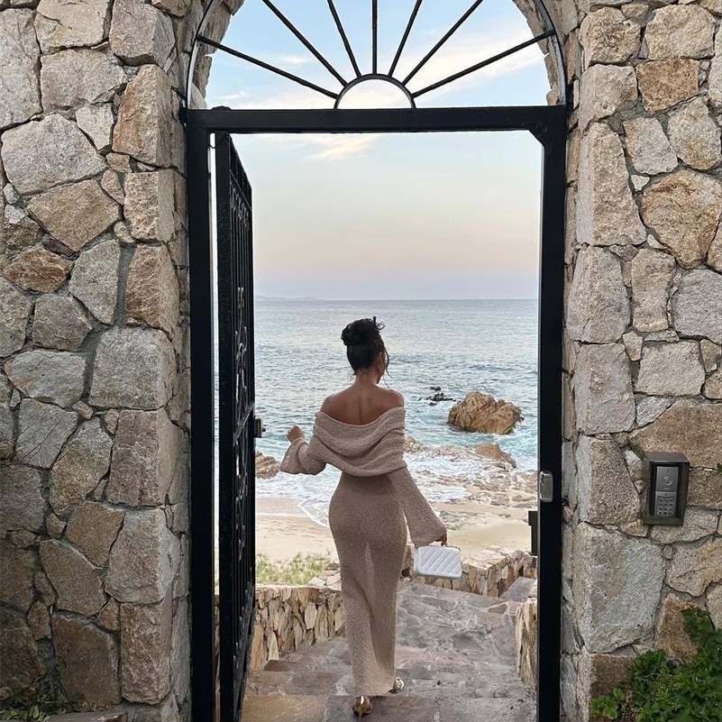 DRC Female Cover up Loose Long Sleeve Holiday Beach Party Dres Knitwear Dress Knit Hollow Out OffShoulder Maxi y240929