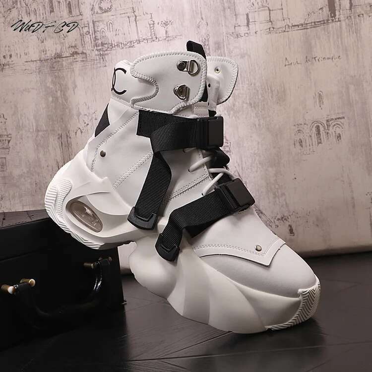High Top Men's Chunky Sneakers - Genuine Leather, Air Hot Cushion, Platform, Casual, Height Increasing - Leather, Cushion, Platform, Casual,