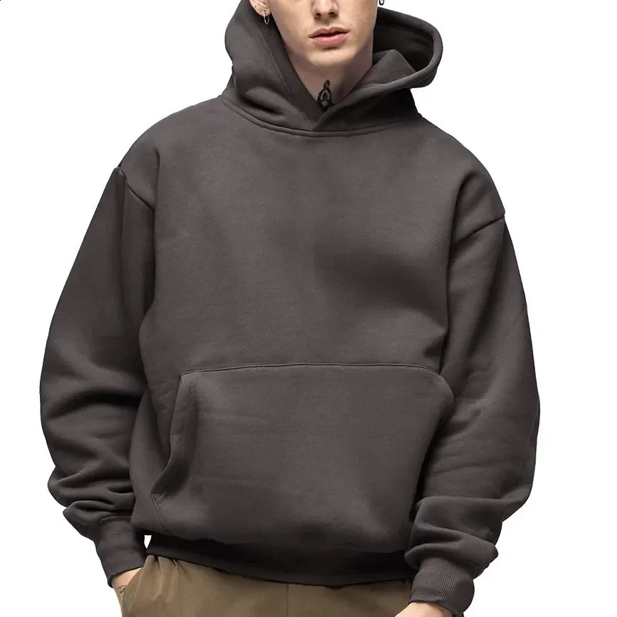 500GSM Heavy Weight Fashion Mens Hoodies Autumn Winter Casual Thick Cotton Top Solid Color Sweatshirt Male 240919