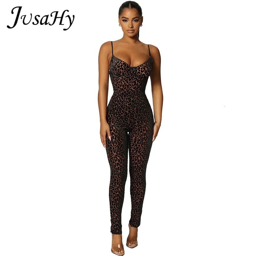 JuSaHy Leopard Print Flocking Jumpsuit for Women Fashion Sleeveless Backless Body-Shaping Casual High Streetwear Female Outfits 240920