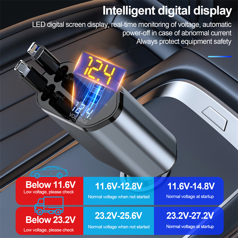 Digital display Super Fast Charger Flash 120W Car Charger 4-in-1 Retractable Cable Multi-port Charge LS 15/M