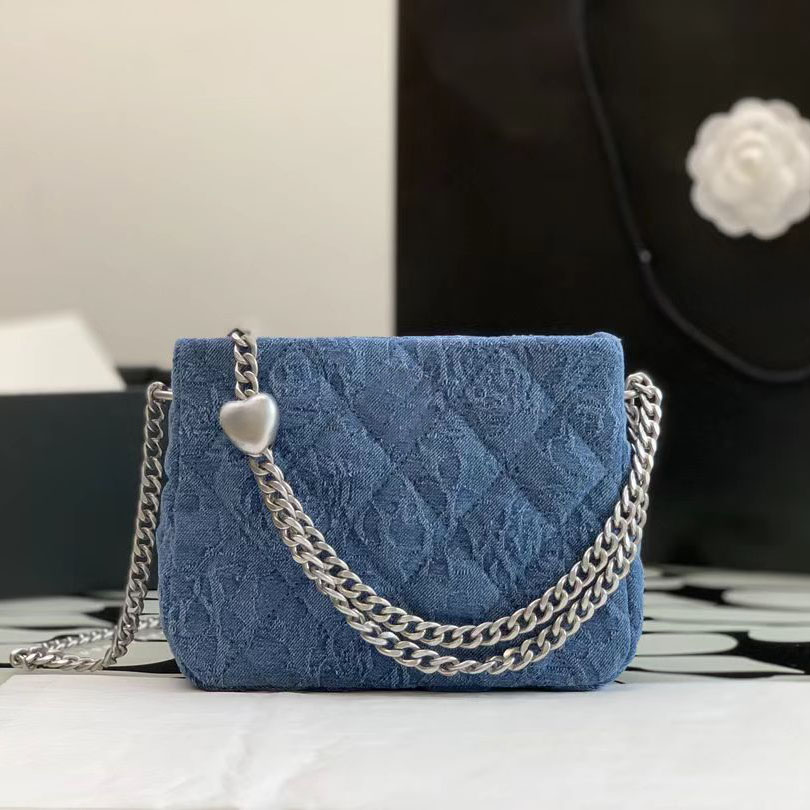 designer denim bag love adjustment buckle classic camellia pattern silver chain bag luxury handbag versatile fashionable youthful daily outfit multiple styles