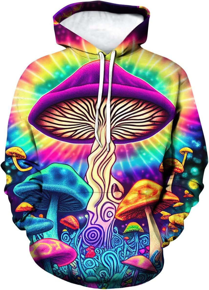 Hoodie for Mens Womens Novelty Tie Dye Style Hoodie Mushroom Print Sweatshirt Pullover for Men Graphic sweatshirt Pullover Long Sleeve cool