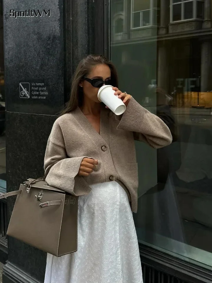 Elegant Marron Singlebreasted V Neck Knitted Cardigan Women Casual Long Sleeves Sweaters 2024 Autumn Lady Office Streetwear 240930
