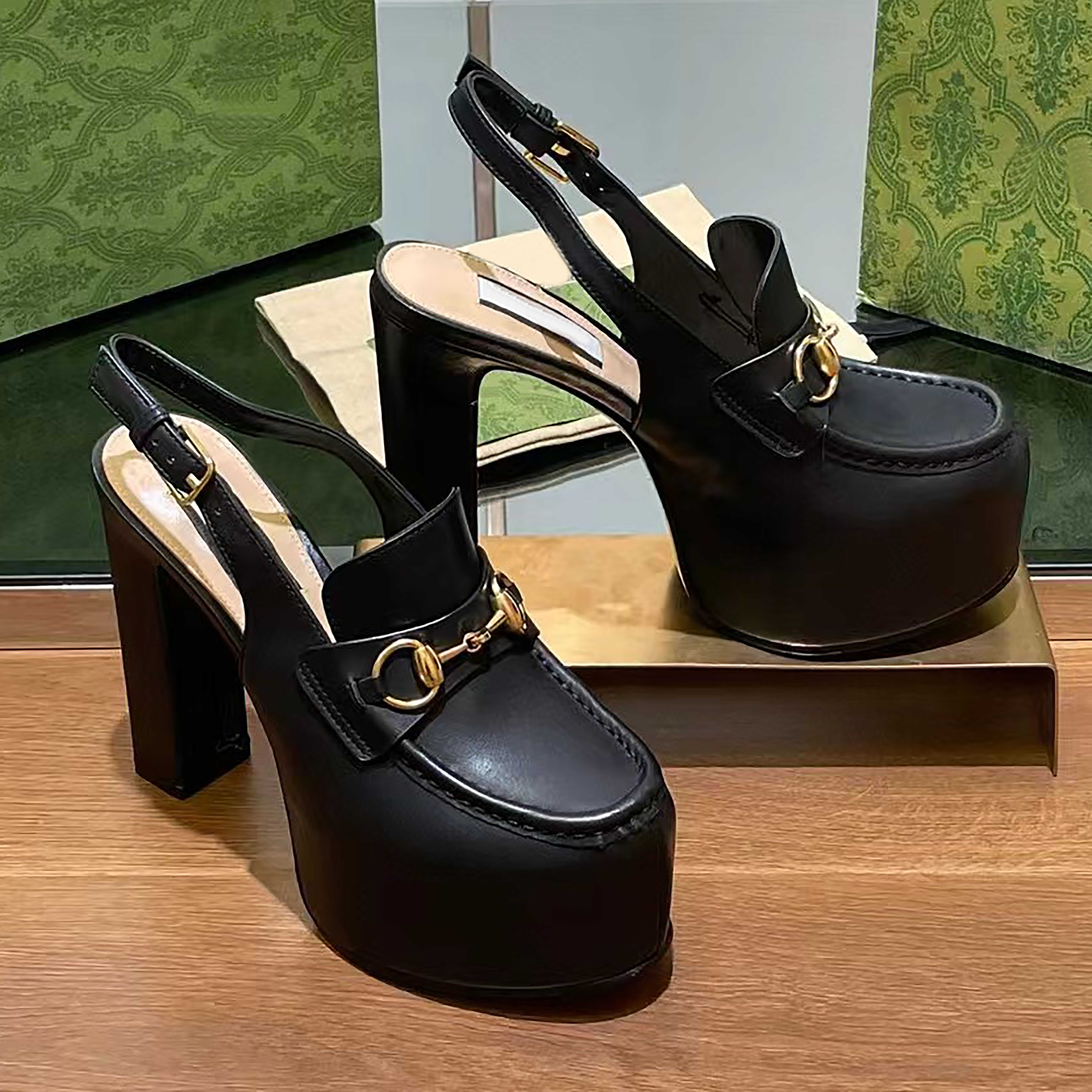 TOP designer sh Women's buckle embellished platform back lace-up loafers 14cm Burgundy black leather pumps for Classic Fashion Slingbacks Chunky Heel Platform a2