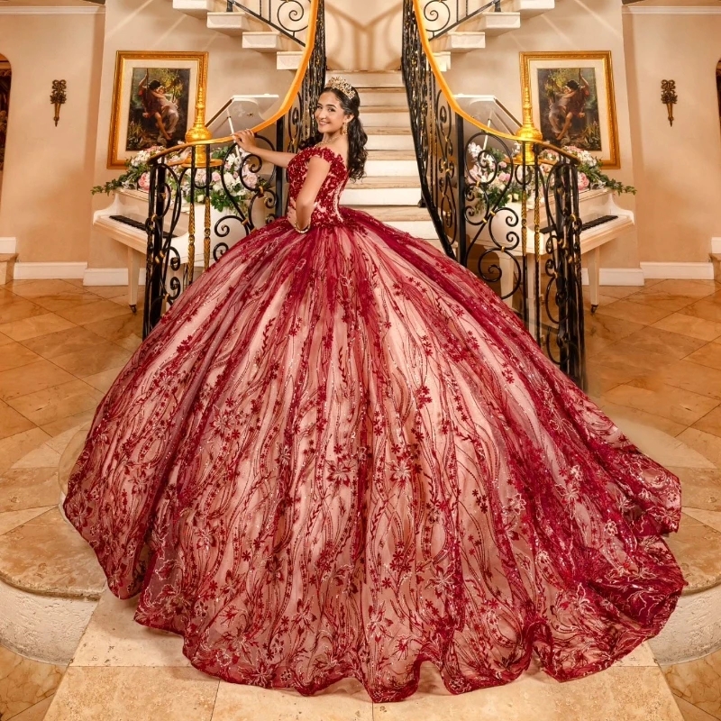 Luxury Red Shiny Ball Gown Quinceanera Dresses Off The Shoulder Lace Beads Crystal Tull Birthday Party Bride Dress Vestidos 15 Anos Sweet 16 Dress
