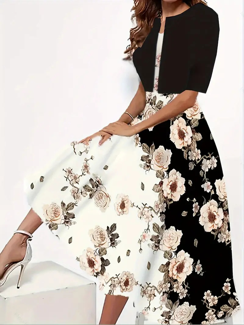 2024 European and American autumn new women's long dress two-piece set with floral print round neck jacket for women