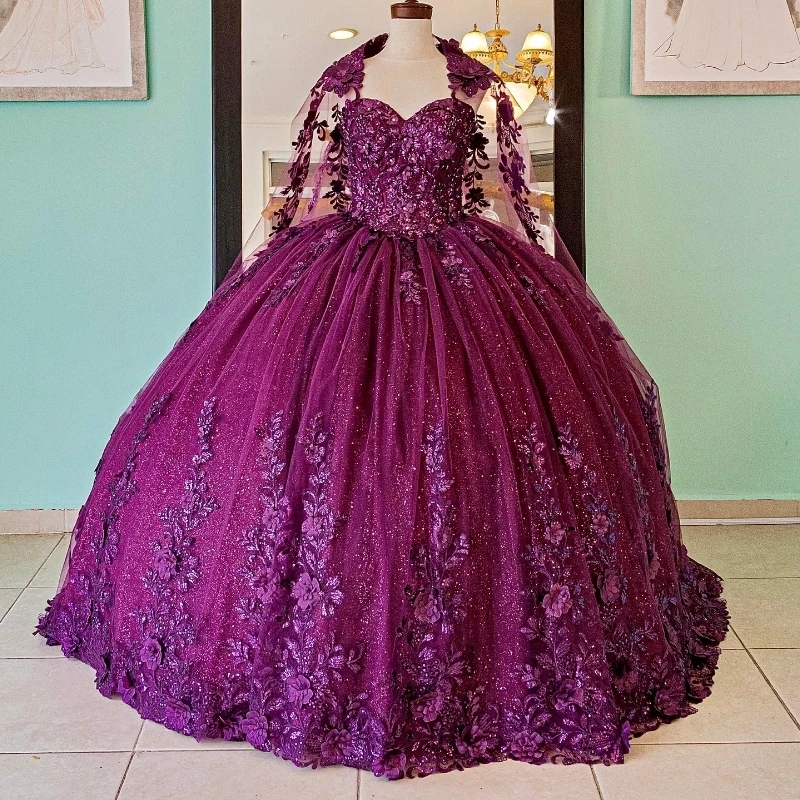 Purple Sparkly Quinceanera Dresses Formal Luxury Party Prom Lace Appliques Beads Tull Sweet 16 Dress Graduation Ball Gwon Vestidos De 15 Anos