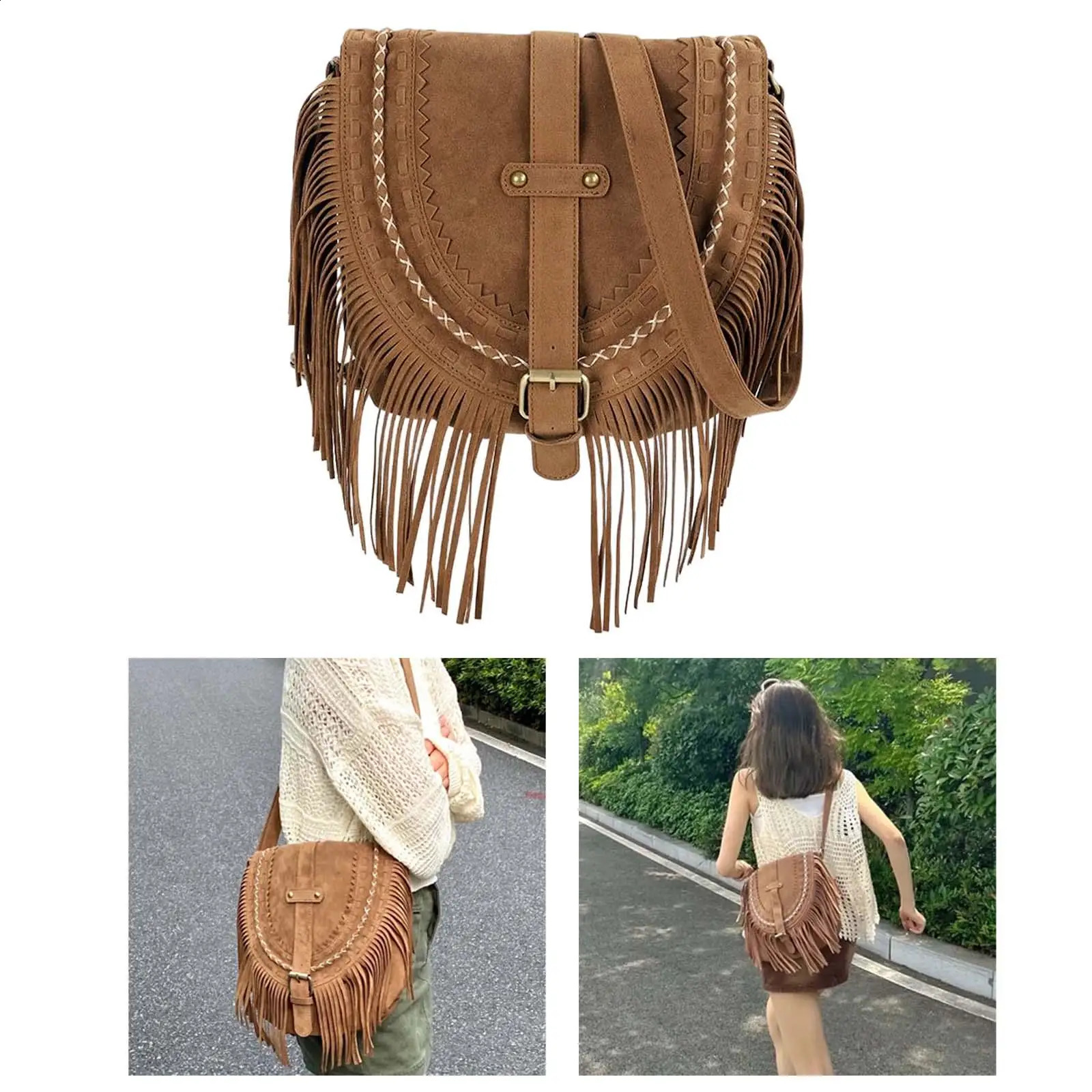 Fashionable retro handmade suede tassel shoulder cross messenger bag vintage Bohemian womens summer handbag 240923