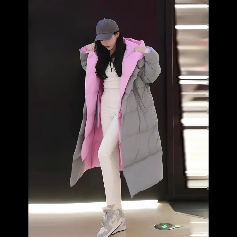 Winter womens long knee down jacket Winter womens warm jacket Parker jacket high-end hooded two-piece down jacket 240926