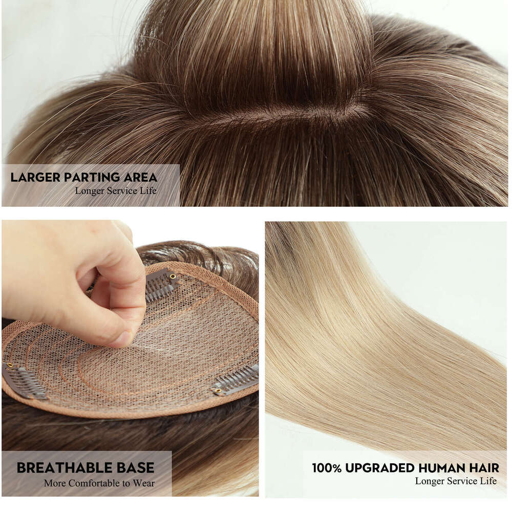 10/12/14 inches for Women Brown Blonde Ombre Human Toppers Silk Base Clips in Hair Extension Topper With Bangs