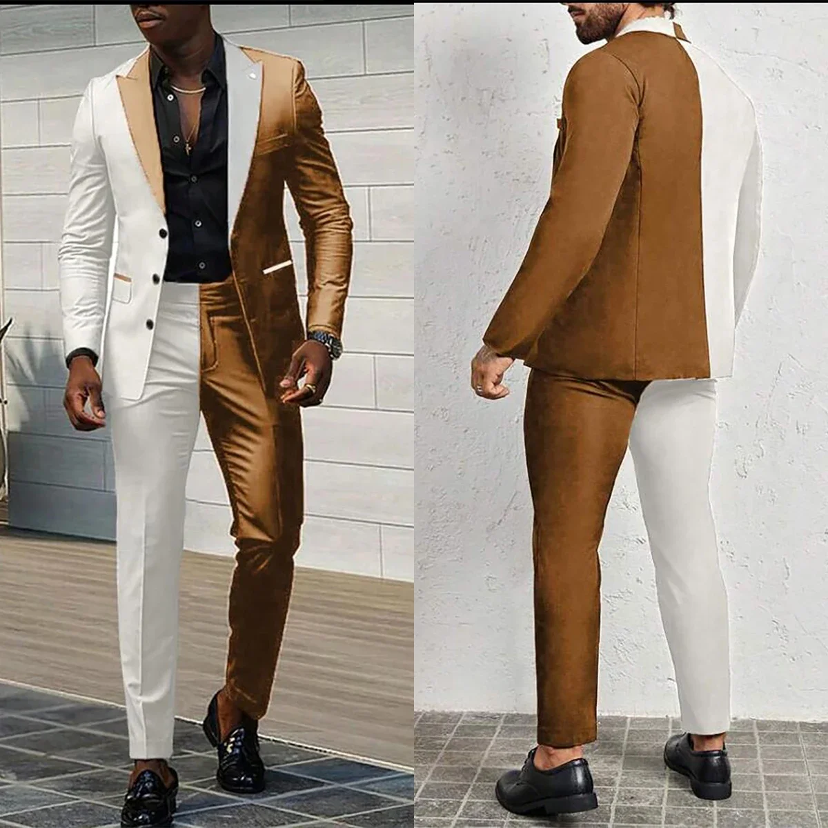 Splice Color Men Suits Wedding Peaked Lapel 3 Buttons Groom Tuxedo Slim Bridegroom Suits 2 Pcs Jacket with Pants Fashion Design
