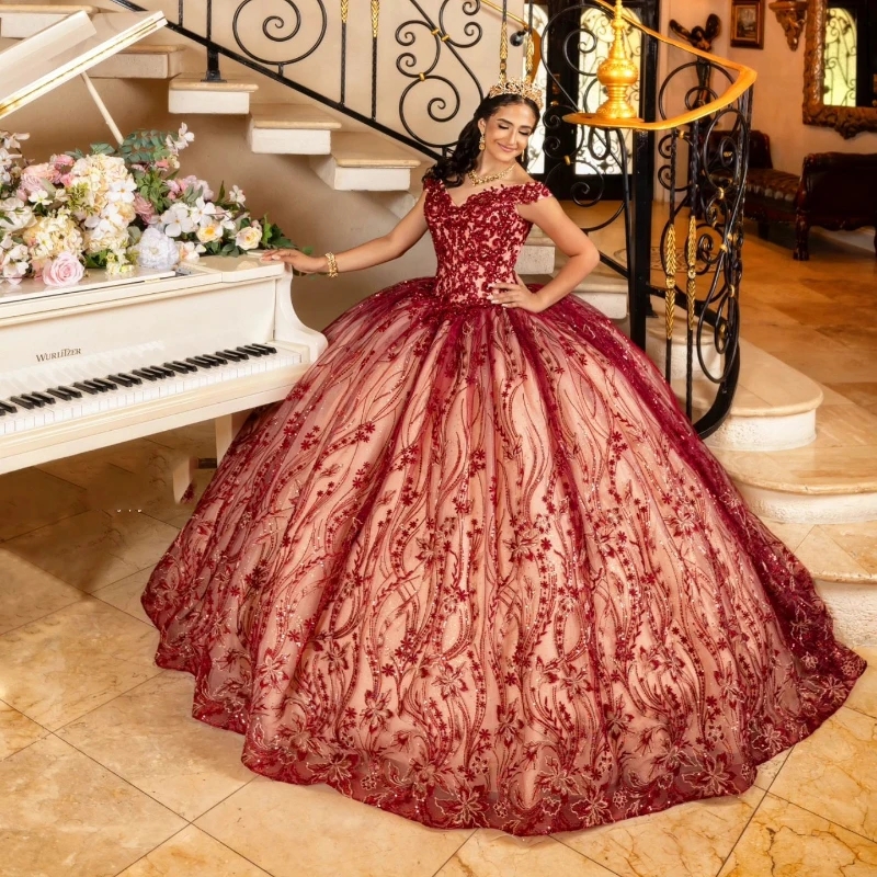 Luxury Red Shiny Ball Gown Quinceanera Dresses Off The Shoulder Lace Beads Crystal Tull Birthday Party Bride Dress Vestidos 15 Anos Sweet 16 Dress