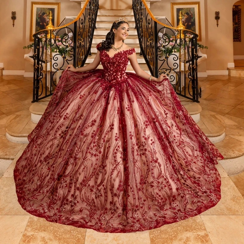 Luxury Red Shiny Ball Gown Quinceanera Dresses Off The Shoulder Lace Beads Crystal Tull Birthday Party Bride Dress Vestidos 15 Anos Sweet 16 Dress