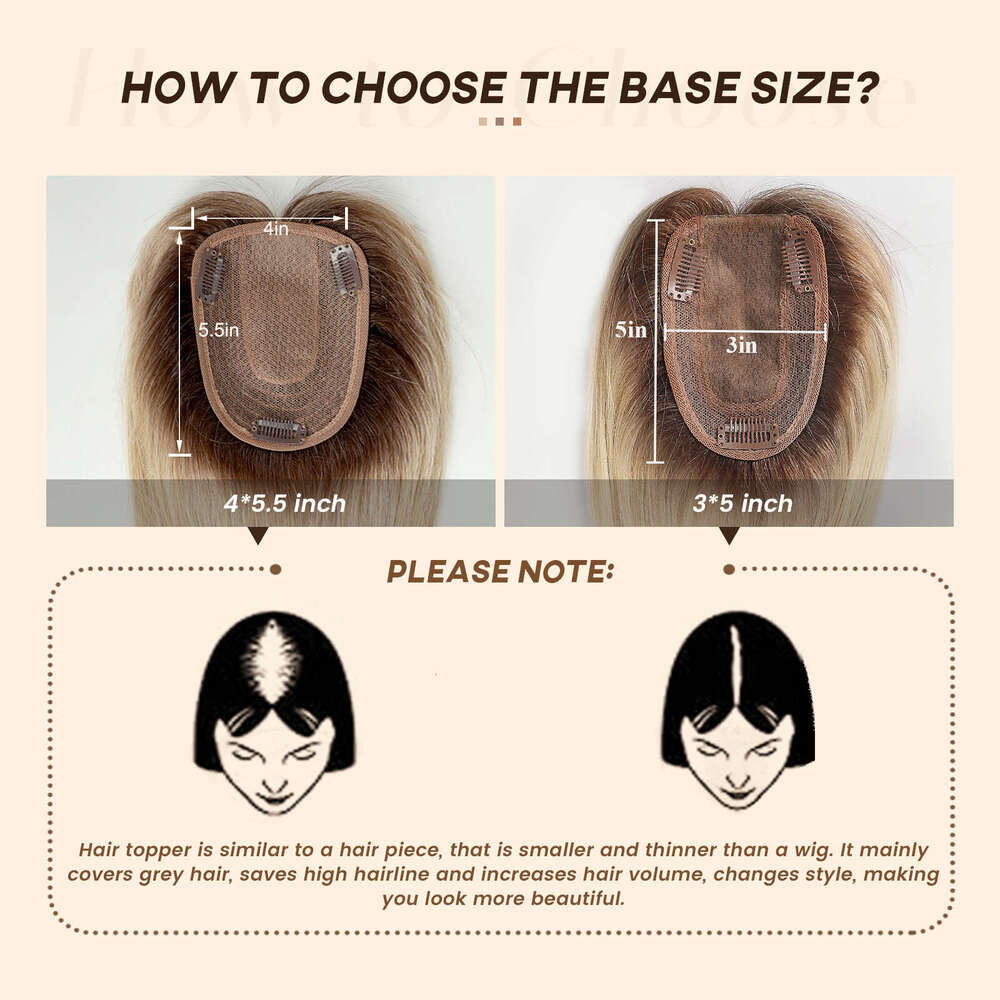 10/12/14 inches for Women Brown Blonde Ombre Human Toppers Silk Base Clips in Hair Extension Topper With Bangs
