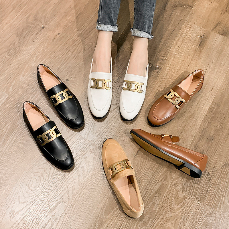 High End Oxford Shoes Ladies Preppy Leather Sneakers Woman Metal Chain Loafers Plush Cotton Fur Flats