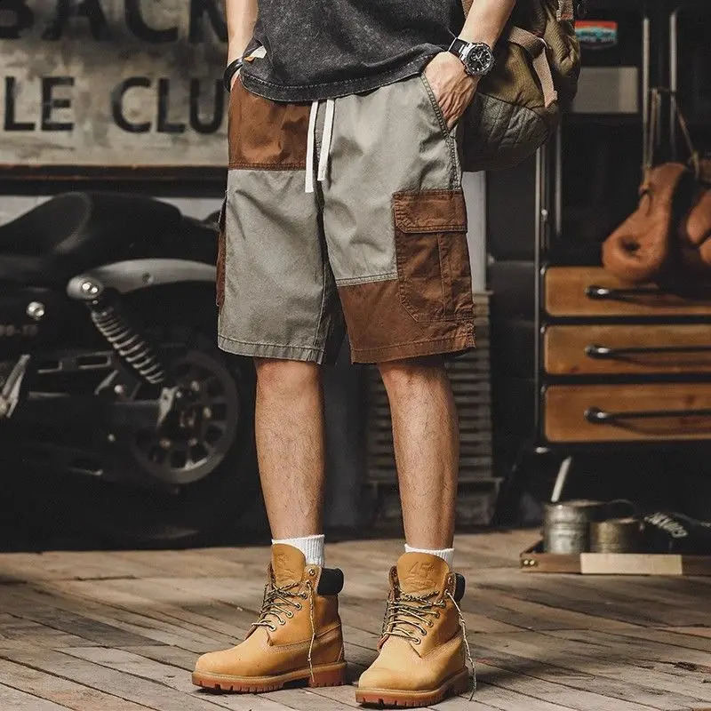 Mens cargo shorts retro brushed mens shorts loose stitching plus size width oversized pockets stretch six fold Whate Y2k 240929