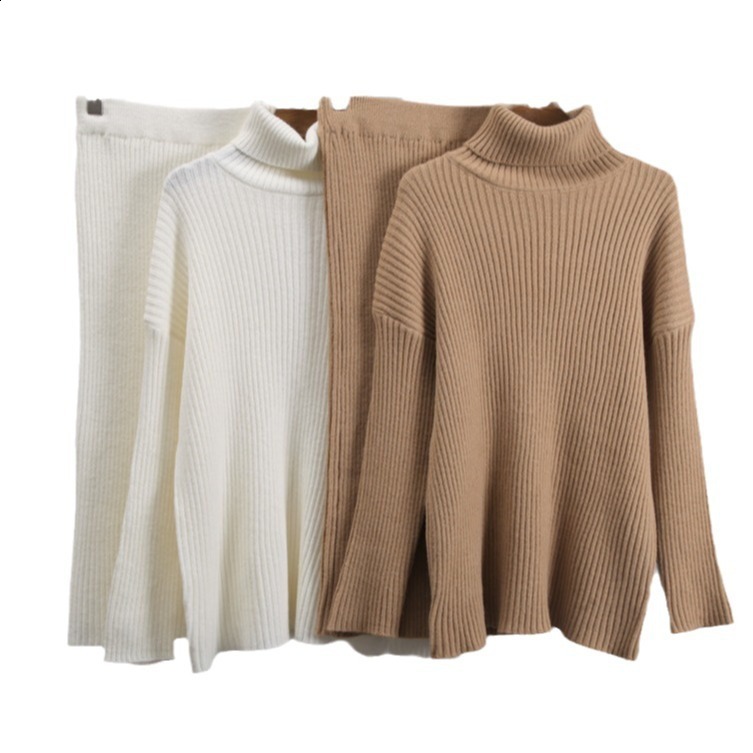 Knitted Wide-leg Pants and Sweaters Women's Tracksuit Autumn Winter Casual Solid White Long Sleeve Jumpers Female 2 Pieces Set 211007