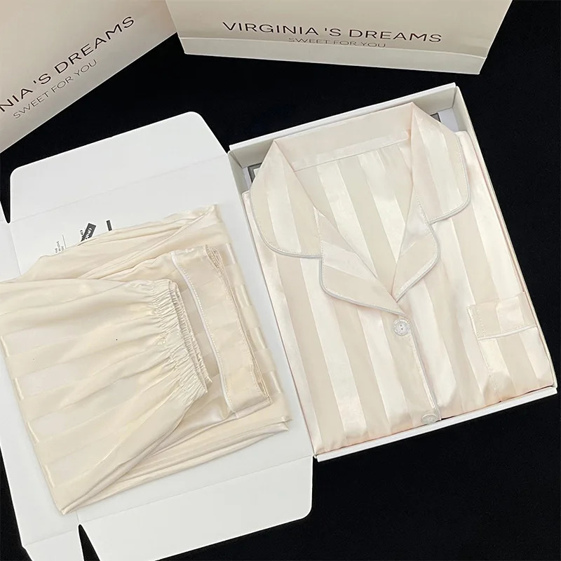 Womens Pajamas Sets Spring Autumn 2 Piece Striped Pyjama Faux Silk Satin Sleepwear Long Sleeve Button Pijama Mujer Pjs Homewear 240930