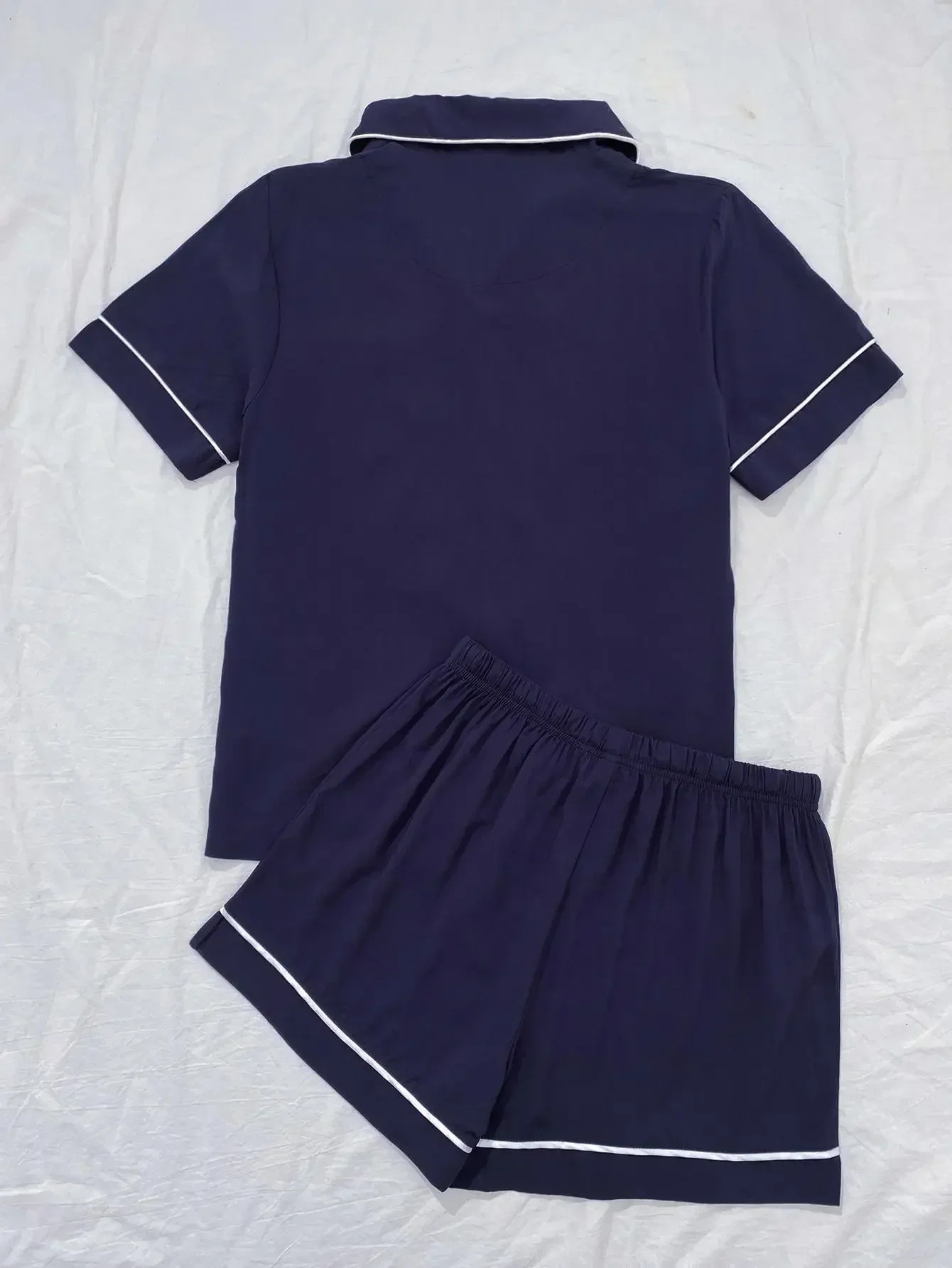 Summer Womens Pajamas Sets Short Sleeve Notched Collar Top Tee Button Down Elastic Waist Shorts Home Suit Loungewear Sleepwear 240930