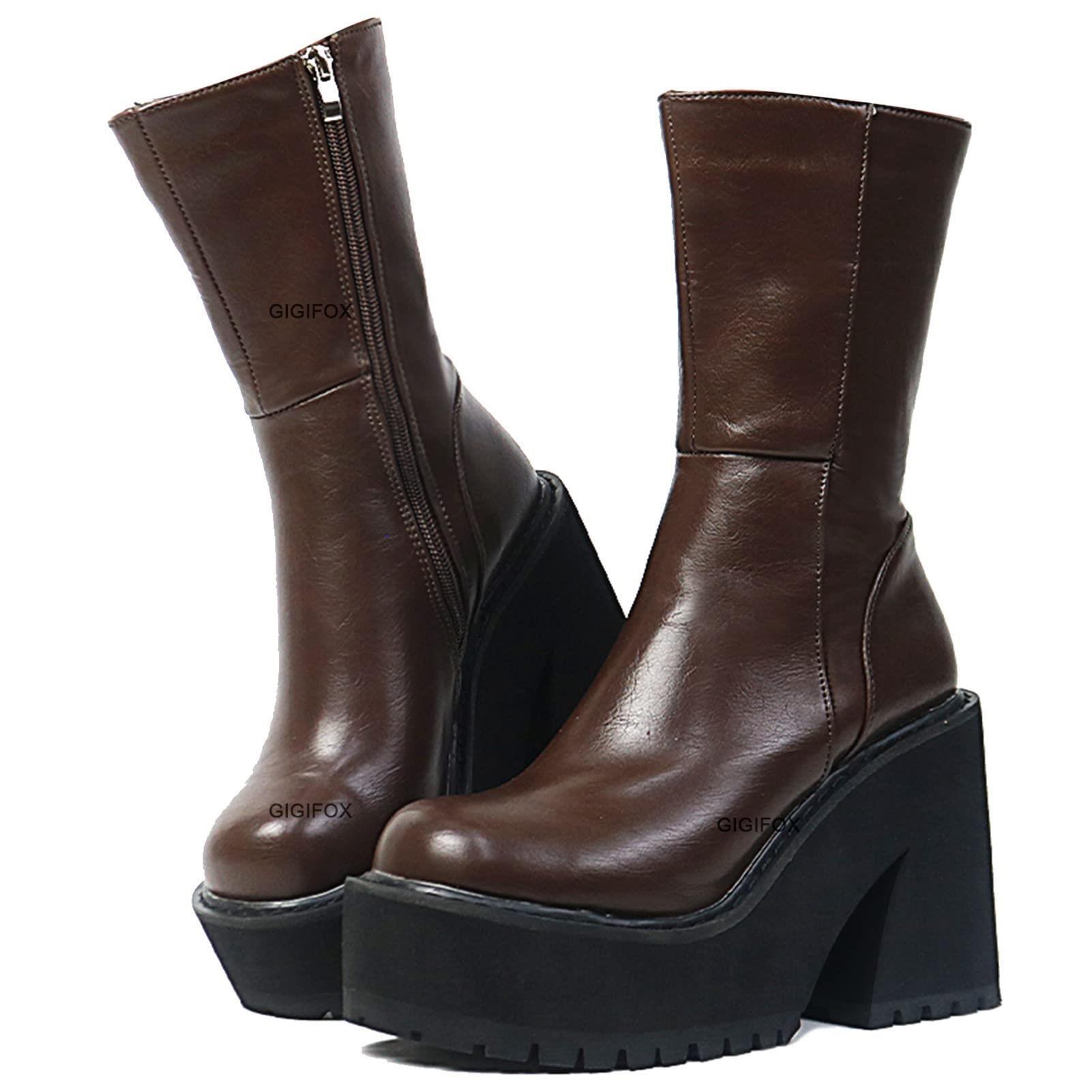 GIGIFOX Womens Heeled Ankle Platform Zipper Punk Motorcycle Booties Chunky Block High Heel Round Toe Fashion Combat Boots