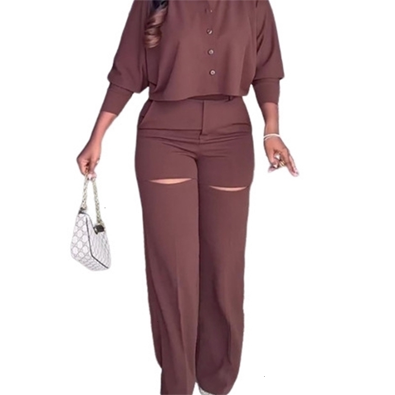 2-piece womens clothing autumn item solid color polo long sleeved shirt wide leg pants casual suit womens clothing 240929CJ