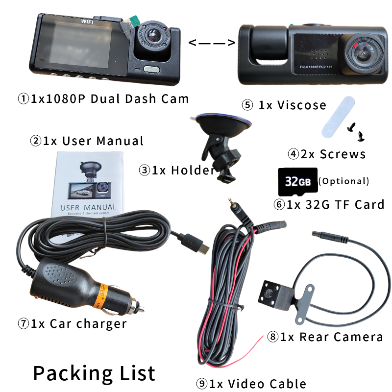 1080P HD Car DVR 3 Channel Dash Cam Front and Rear Inside Auto Camera Video Recorder 170° Wide Angle IR Night Vision Loop Recording Motion Detection 2