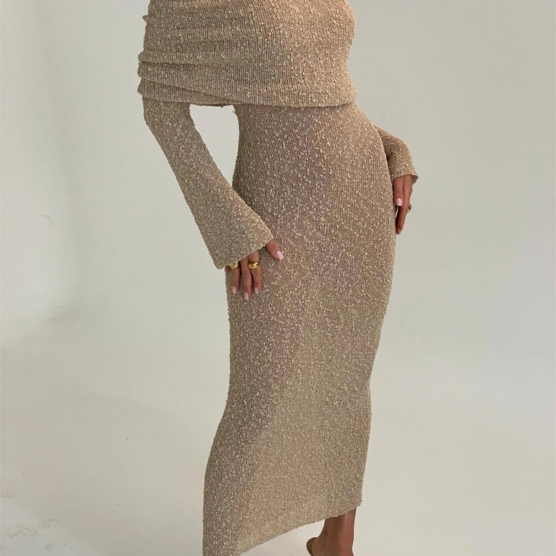 DRC Female Cover up Loose Long Sleeve Holiday Beach Party Dres Knitwear Dress Knit Hollow Out OffShoulder Maxi y240929