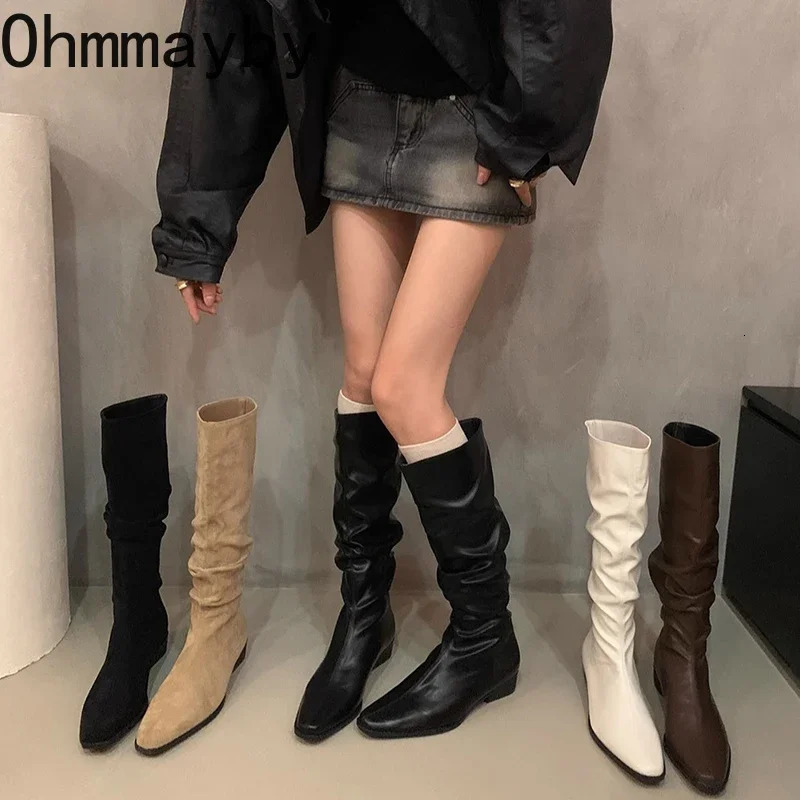 Vintage Women Knee High Boots Fashion Soft Leather Shoes Autumn Winter Thick Heel Ladies Knight Long Booties 241101