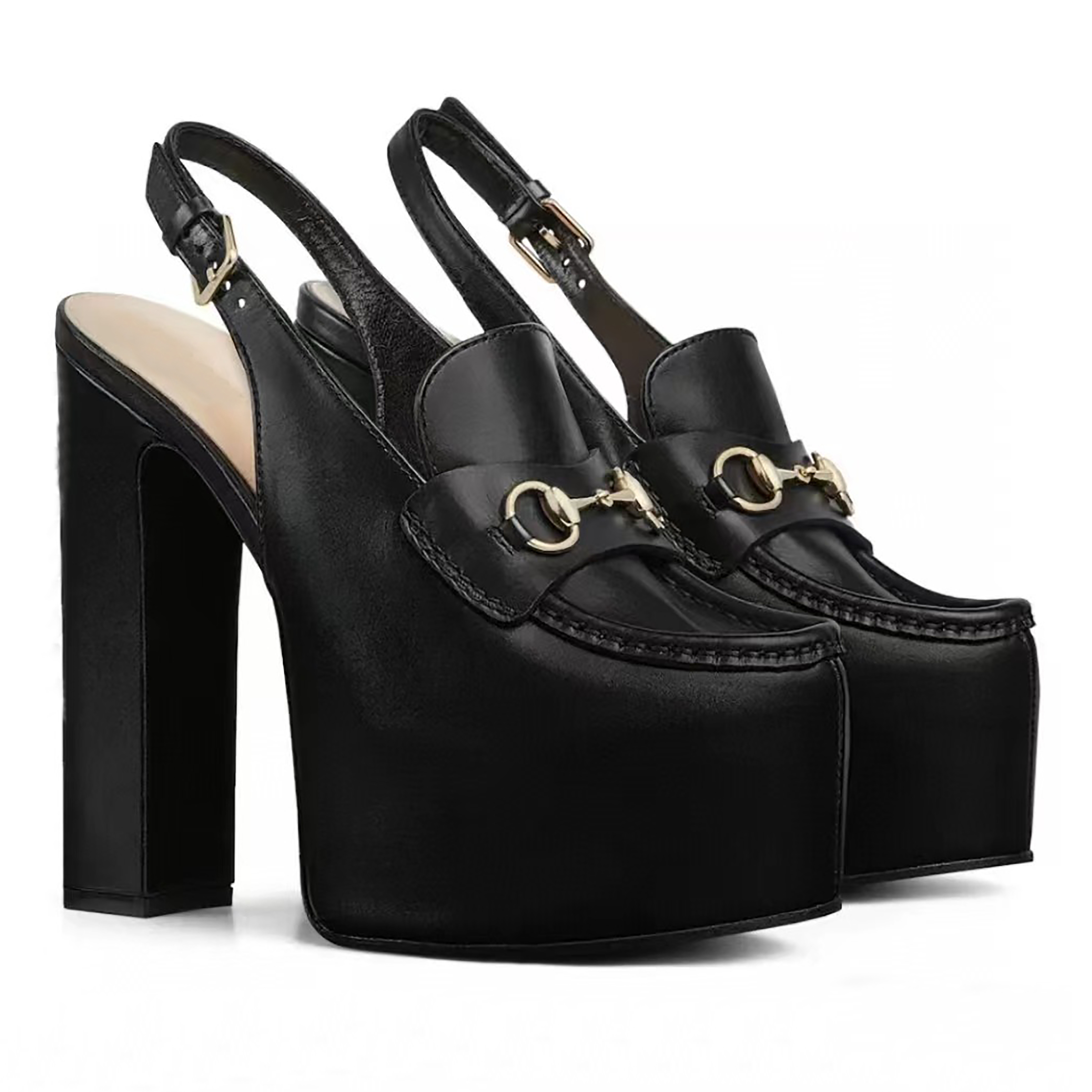 designer shoes Women's buckle embellished platform back lace-up loafers 14cm Burgundy black leather pumps for Classic Fashion Slingbacks Chunky Heel Platform Shoes