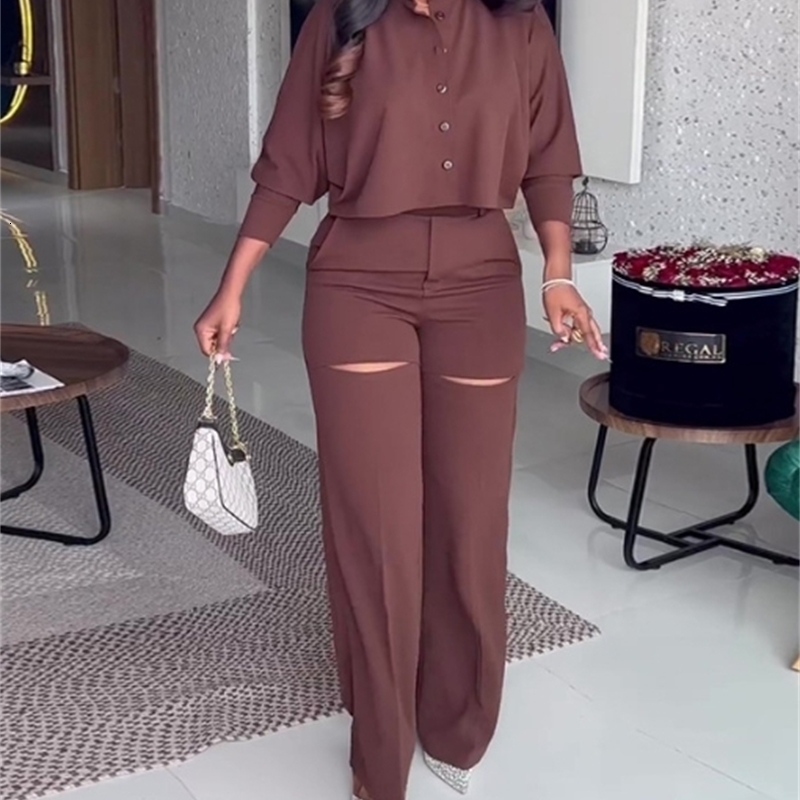2-piece womens clothing autumn item solid color polo long sleeved shirt wide leg pants casual suit womens clothing 240929CJ