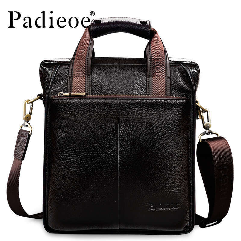 Padieoe Vintage Briefcase Genuine Messenger Fashion Male Tote Leather Business Men Bag Shoulder Bags