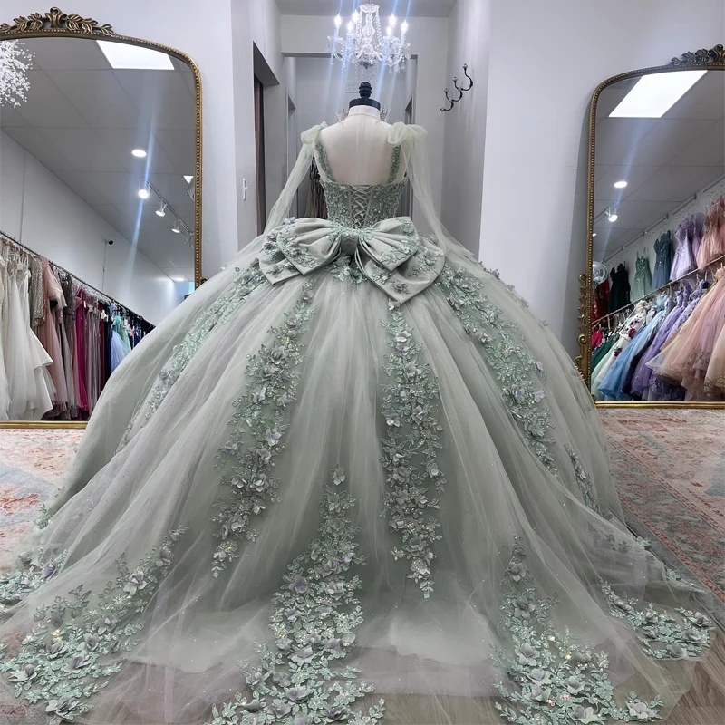 Sparkly Light Green Quinceanera Dresses Puffy Beaded Appliques Sweet 16 Dress Ball Gown Tulle 3D Floral Vestidos XV 15 Anos Party Gown