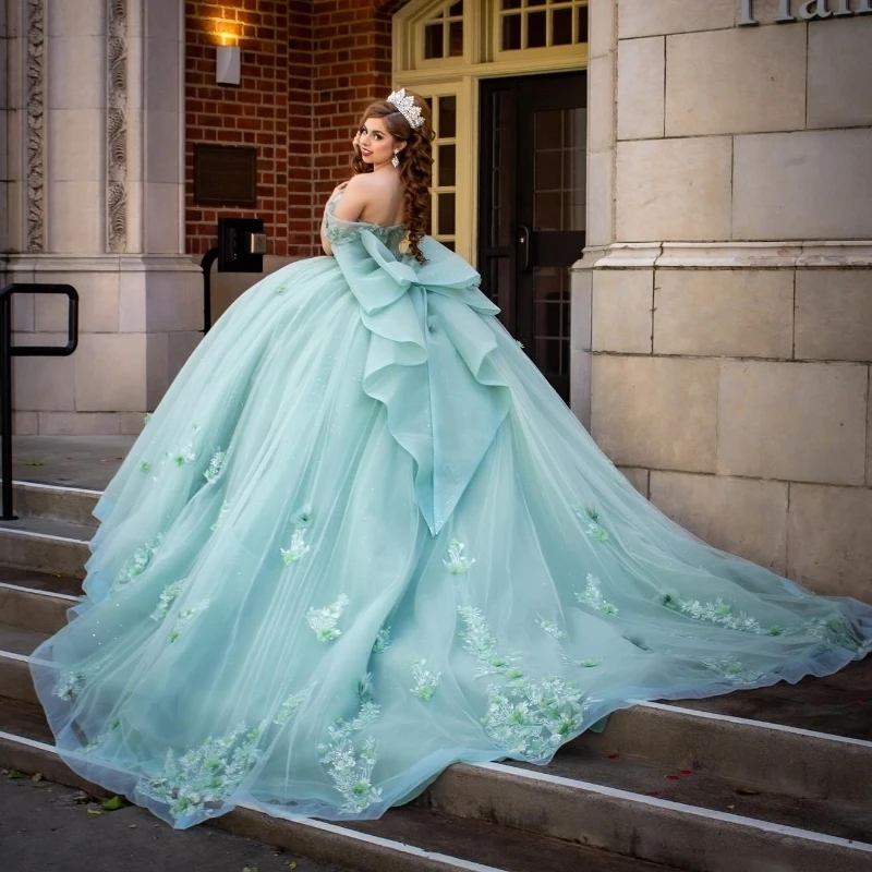 Mint Green Shiny Sweetheart Quinceanera Dresses Ball Gown Off The Shoulder Applique Flower Beads Bow Tull Princess Vestido De 15 Anos