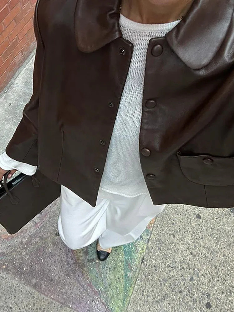 Vintage Lapel Pu Leather Jackets For Women Casual Single Breasted Long Sleeve Coats 2024 Autumn Lady High Street Outerwear 240927